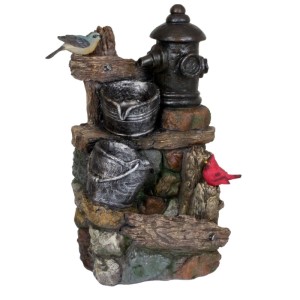 DELUKE Brunnen KONRAD in Holz-Stein-Optik mit Hydrant, Eimern und Vögeln, 60x36x25cm