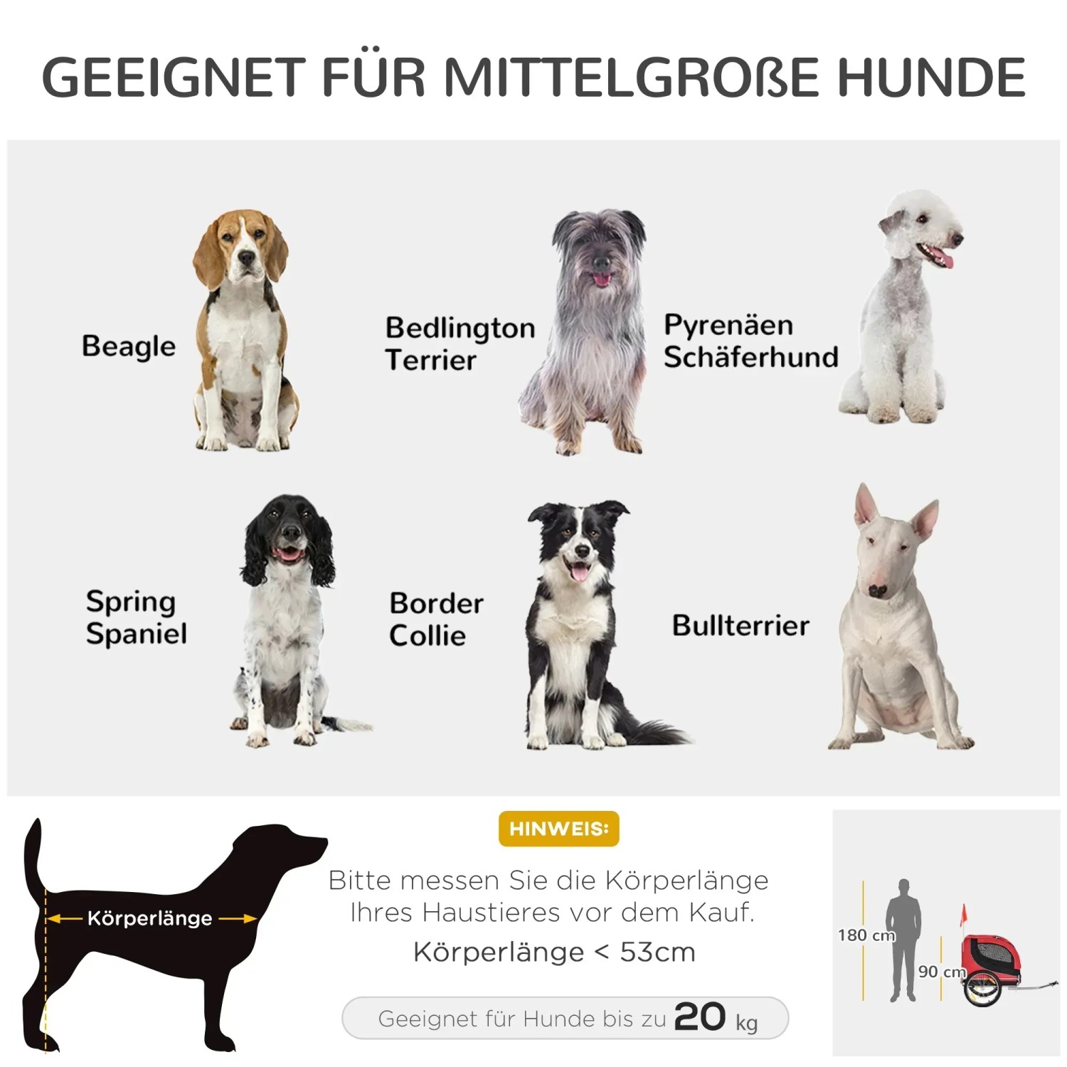 Geeignet für mittelgroße Hunde bis 20kg: Beagle, Terrier, Schäferhund, Spaniel, Collie, Bullterrier.