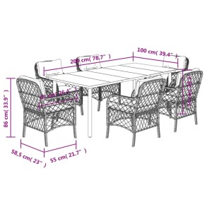 7-tlg. Garten-Essgruppe Grau Poly Rattan mit Tisch und 6 Stühlen mit Kissen.