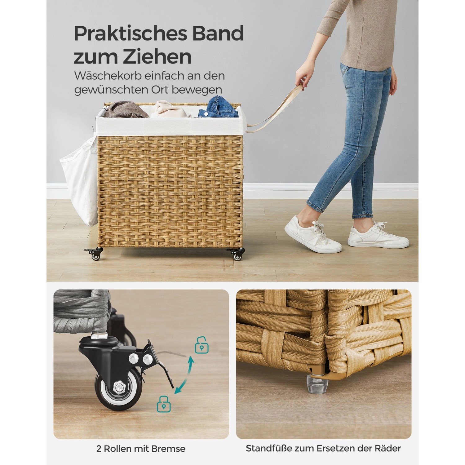 Naturfarbener Songmics Wäschekorb mit Deckel, Rädern und Zugband. Details zu Rollen und Füßen.