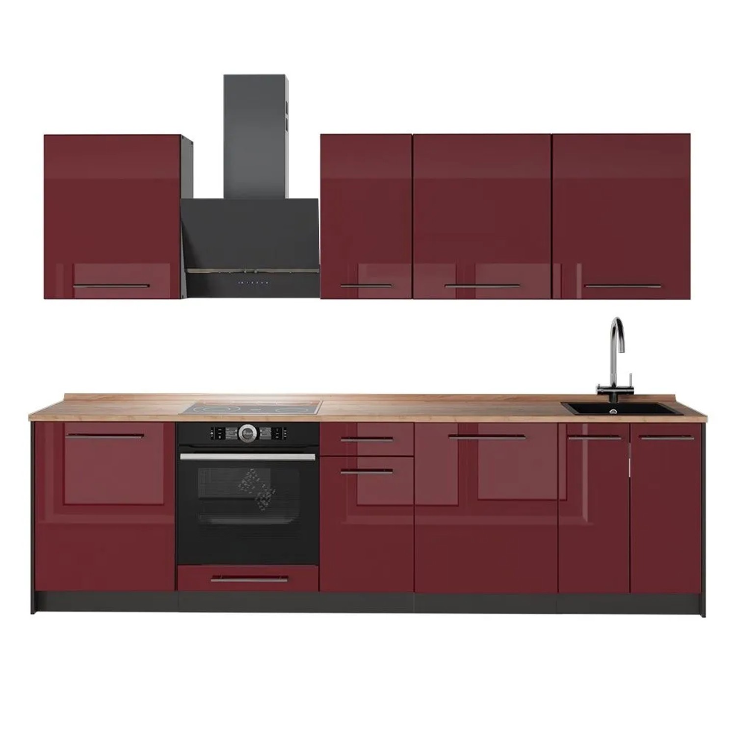 Vicco Küchenzeile Fame-Line Bordeaux Hochglanz/Anthrazit 280 x 82 AP Eiche Art Nr 64173