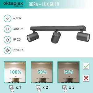 Schwarzer 3-flammiger Oktaplex Bora LED Deckenstrahler, dimmbar, mit schwenkbaren Spots.