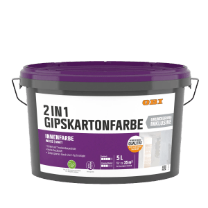 Eimer OBI Gipskartonfarbe 2in1, weiße, matte Innenfarbe mit integrierter Grundierung, 2,5 l.