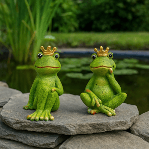 2er Set Froschkönige als Gartenfiguren für den Teich, 10x14x15 cm.