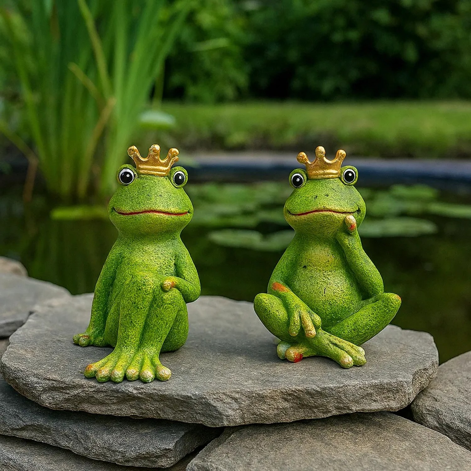 2er Set Froschkönige als Gartenfiguren für den Teich, 10x14x15 cm.