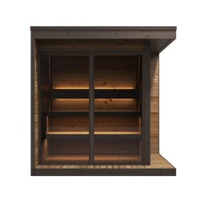 Weka Saunahaus Viira 2 aus Thermoholz mit Glasfront und zwei Saunabänken.