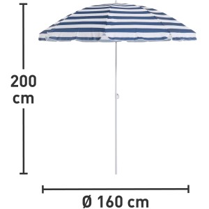 Marktschirm Lucama, Ø 160 cm, mehrfarbig gestreift, mit Neigungsfunktion und Höhenangabe.