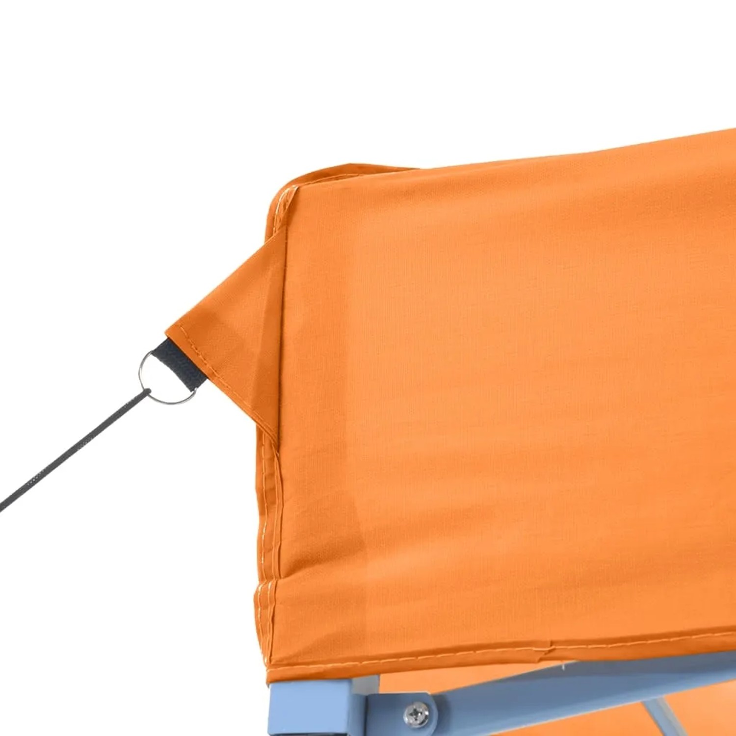 Detailansicht: Orangefarbenes vidaXL Falt-Partyzelt mit blauem Gestell und Abspannseil.