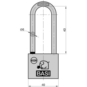 Technische Zeichnung: Basi Vorhangschloss VHS 612H, 40mm, hoher Bügel, Messinggehäuse, Maße.