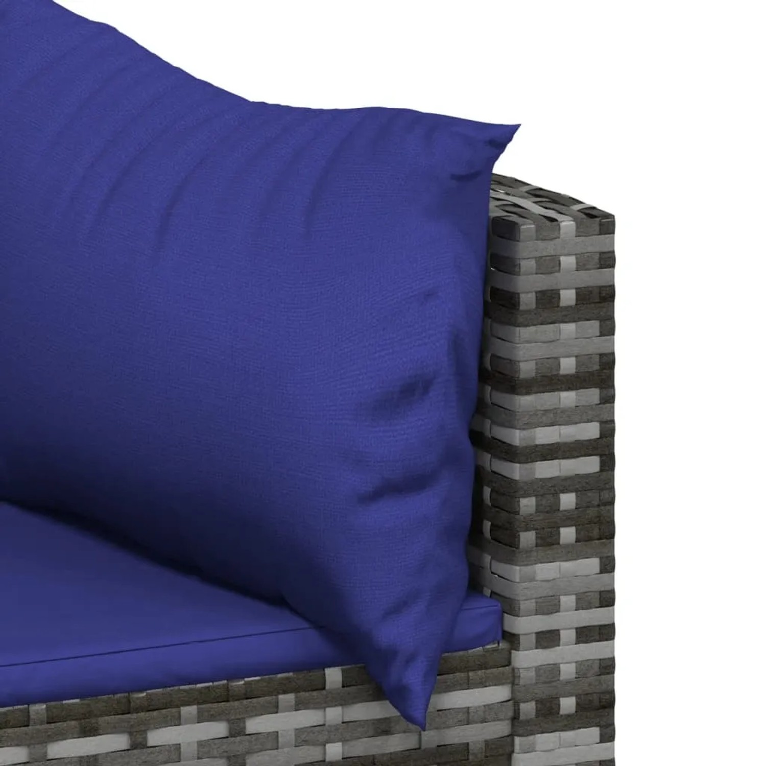 Detailaufnahme: Graues vidaXL Garten Lounge Set aus Rattan mit dunkelblauen Kissen.