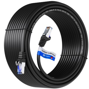 Schwarzes hb-digital CAT 6a LAN Kabel für den Außenbereich, 60m, mit RJ45 Stecker.