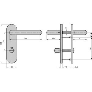 Technische Zeichnung: Basi Kurzschild-Garnitur ZB 3800 Edelstahl WC/Bad Rechts, Maße