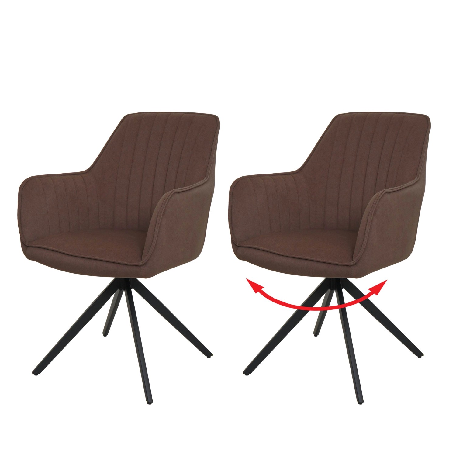 2er-Set braune MCW Esszimmerstühle L79, drehbar, mit Armlehnen und Stahlgestell.