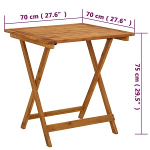 Klappbarer Gartentisch aus Akazienholz, 70x70x75 cm. Quadratischer Tisch mit X-förmigem Gestell.