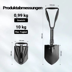 Wiltec Klappspaten, schwarz, aufgeklappt und gefaltet, mit D-Griff, gezackter Kante, 58 cm Länge und 0,99 kg Gewicht. Multifunktions-Klappschaufel.