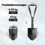 Wiltec Klappspaten, schwarz, aufgeklappt und gefaltet, mit D-Griff, gezackter Kante, 58 cm Länge und 0,99 kg Gewicht. Multifunktions-Klappschaufel.