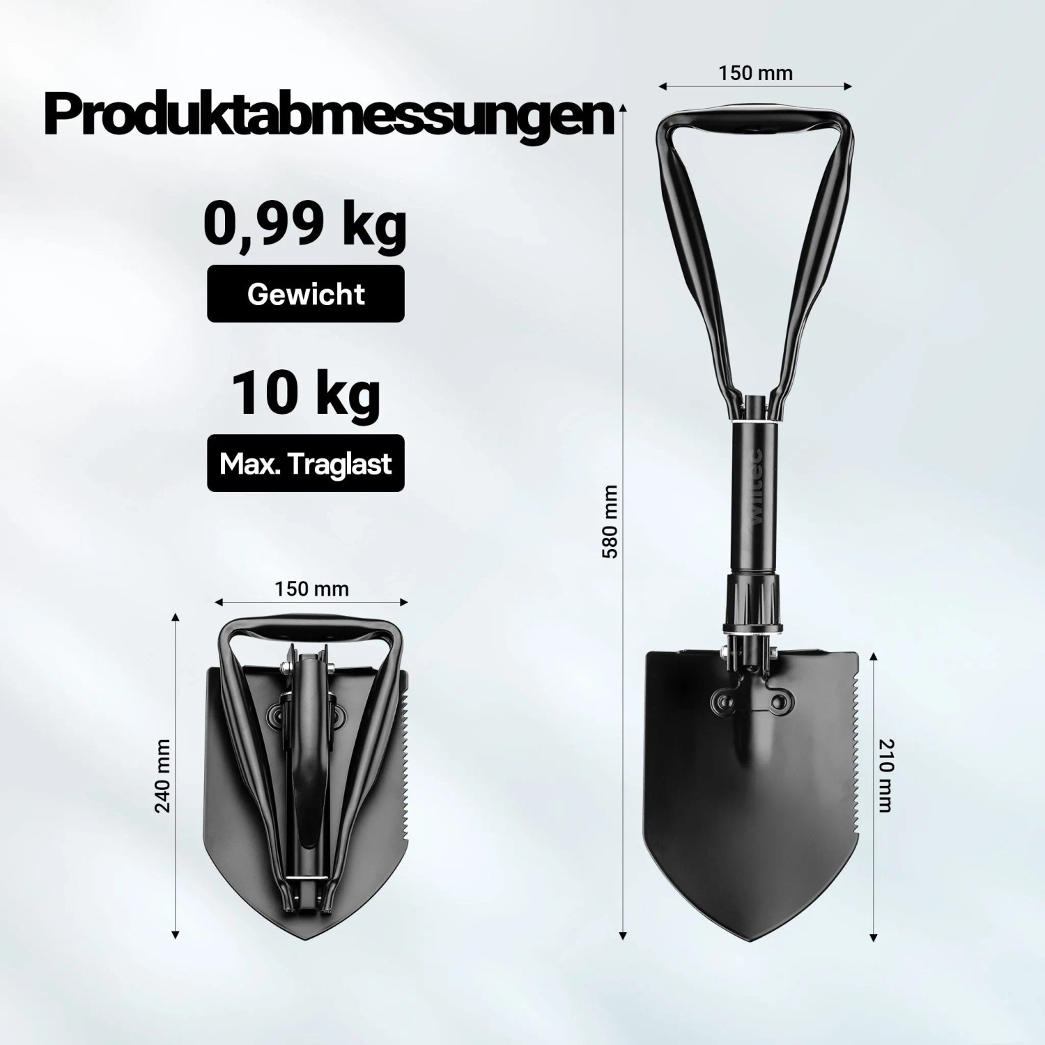 Wiltec Klappspaten, schwarz, aufgeklappt und gefaltet, mit D-Griff, gezackter Kante, 58 cm Länge und 0,99 kg Gewicht. Multifunktions-Klappschaufel.