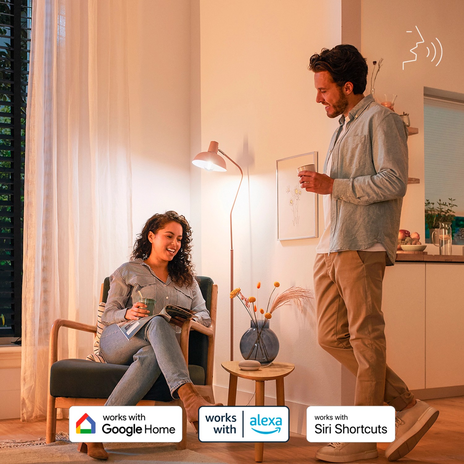 Philips Smart LED Lampe E27 in Glühlampenform, warmweißes Licht in Wohnraum.