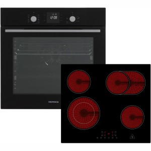 Respekta Herdset Ned + Abra: Schwarzer Einbau-Backofen mit Glaskeramikkochfeld und vier Kochzonen.