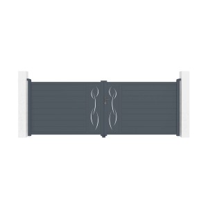 Casanoov Doppelflügeltor aus Aluminium, 4 m breit, grau, mit dekorativen Aussparungen.