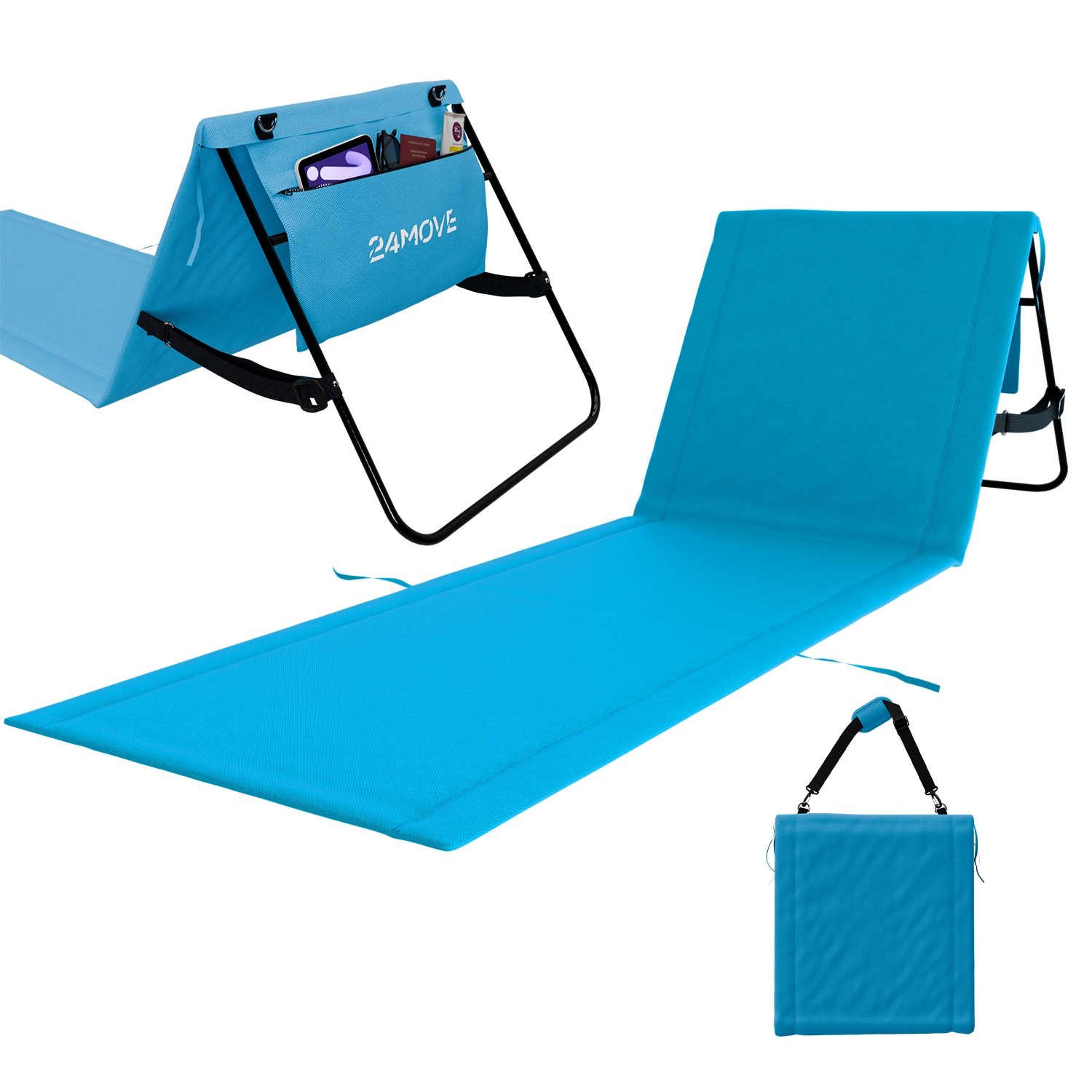 24MOVE Strandmatte Klappbar Mit Rückenlehne&Tasche - Mit Gurt - Liegematte Blau_3