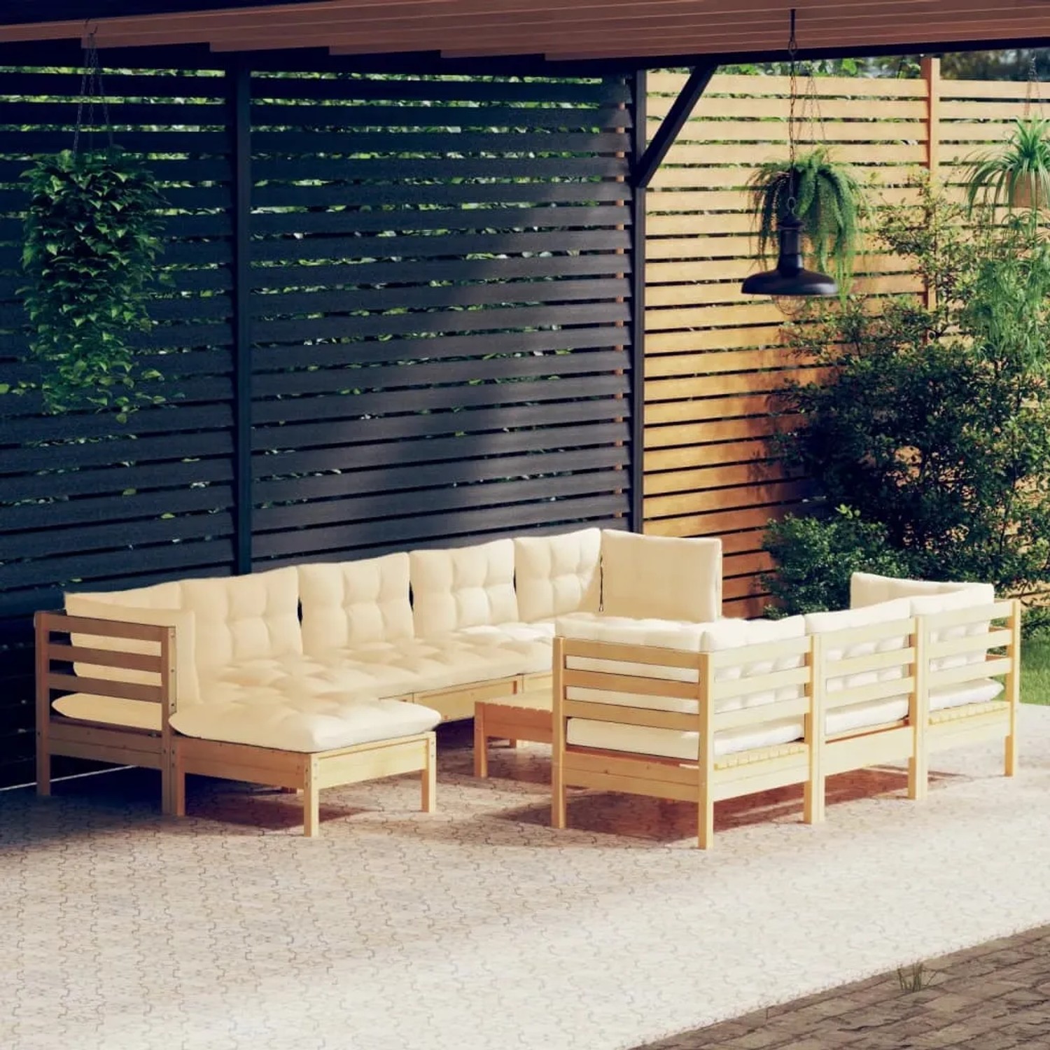 11-tlg. Garten Lounge Set aus Kiefernholz mit creme Kissen. Gartenmöbel für Terrasse und Garten.