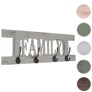 Graue Wandgarderobe im Shabby-Look mit 4 Doppelhaken und Schriftzug "Family".