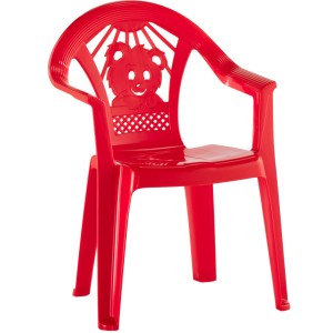 Roter Kinderstuhl mit Armlehnen und Bärenmotiv für Spielgeräte im Kinderzimmer.