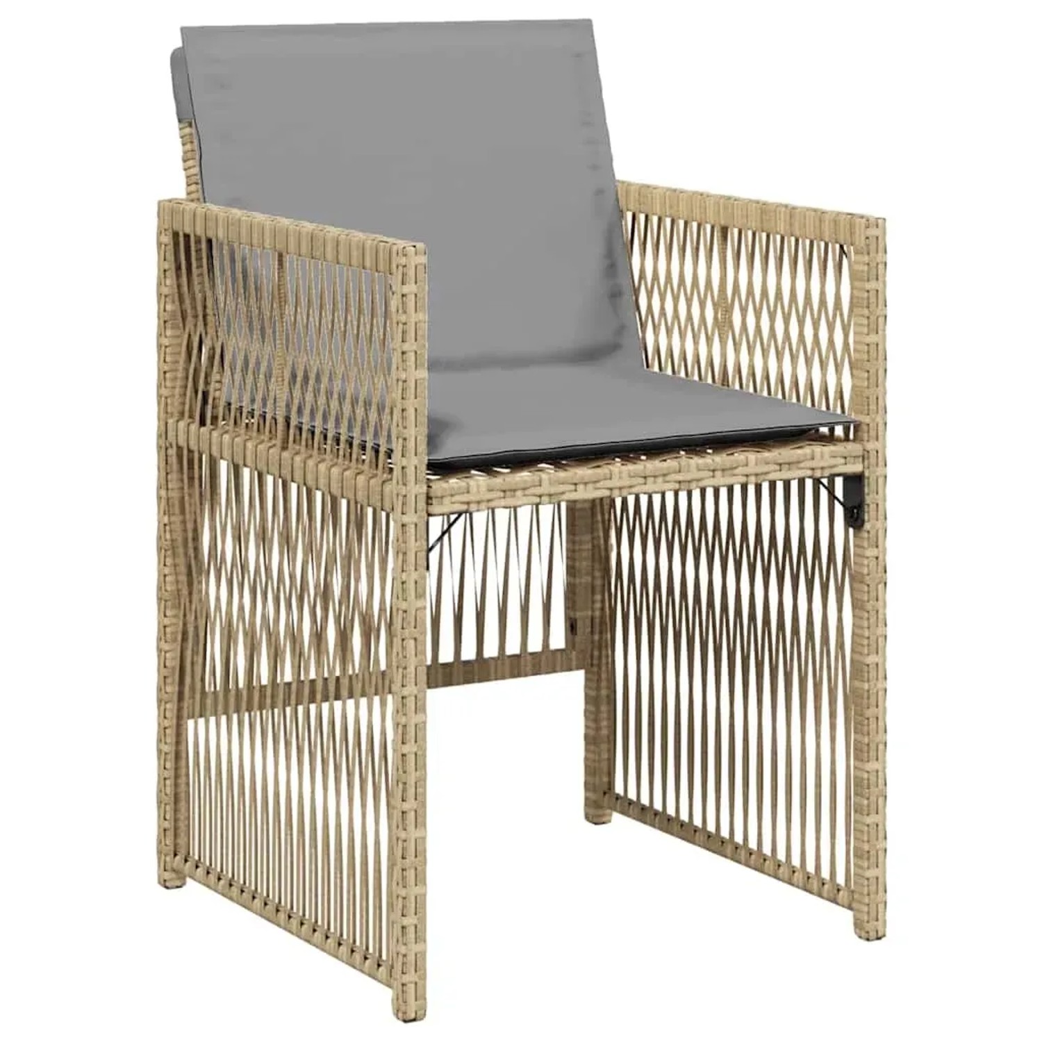 Beiger vidaXL Gartenstuhl aus Polyrattan mit grauem Kissen, Teil der 5-tlg. Essgruppe.