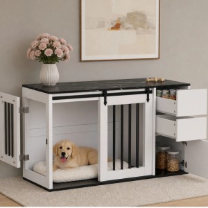 Merax Hundebox 140x60x87 cm Weiß Holz Metall Beistelltisch Marmoroptik