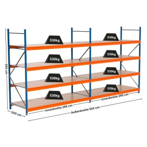 PROREGAL Weitspannregal MAXIMUS PRO, blau/orange, mit 4 Spanplatten-Fachböden und Maßangaben.