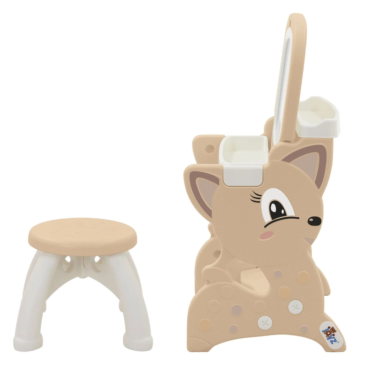 Brauner Joyz 3in1 Spieltisch in Rehform mit LCD-Tafel, Kinderhocker und Zubehör. Vielseitiges Spielgerät.