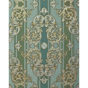 Grüne Barock Tapete mit Metallic-Effekt und Textiloptik. Dekorative Wandgestaltung für Wohnräume.