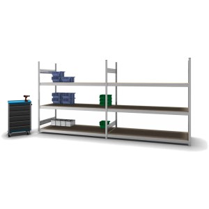 Verzinktes PROREGAL Weitspannregal mit 3 Ebenen und Werkstattwagen, ideal für schwere Lasten.