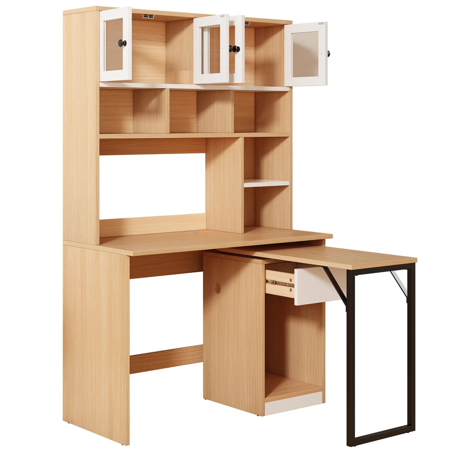 okwish Computertisch Schreibtisch mit Fächern Büro 110x55x180cm Weiß Natur