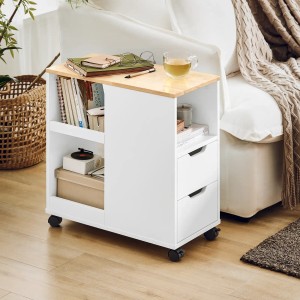 Weißer Beistelltisch mit heller Holzplatte, 2 Schubladen, 3 offenen Fächern und Rollen. Ideal als mobiler Couch- oder Druckertisch.