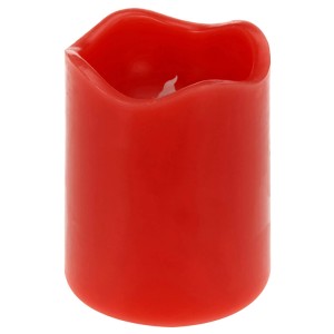 Rote LED-Kerze (Ø 7 cm, 9 cm hoch) mit Timer und Flackerlicht für stimmungsvolle Beleuchtung.