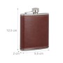 Brauner Edelstahl-Flachmann mit Kunstlederbezug, silbernem Bügelverschluss. 200 ml, 12,5x9,5x2 cm. Für Camping & Wandern.