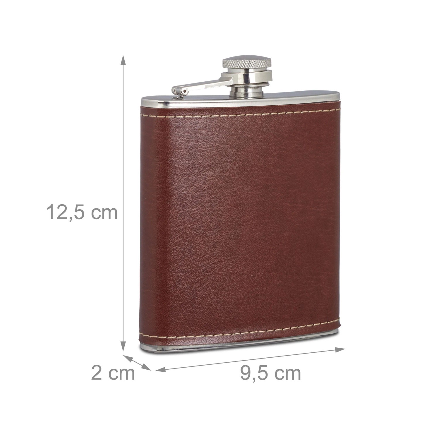 Brauner Edelstahl-Flachmann mit Kunstlederbezug, silbernem Bügelverschluss. 200 ml, 12,5x9,5x2 cm. Für Camping & Wandern.