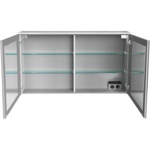 Offener, weißer Fackelmann Spiegelschrank OXFORD 120 cm mit Glasböden und Softclose-Türen.