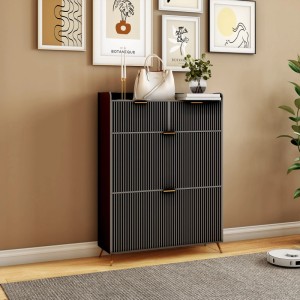 Schwarzer PXloue Schuhschrank (80x24x110cm) mit Schubladen und Metallgriffen im Wohnzimmer.