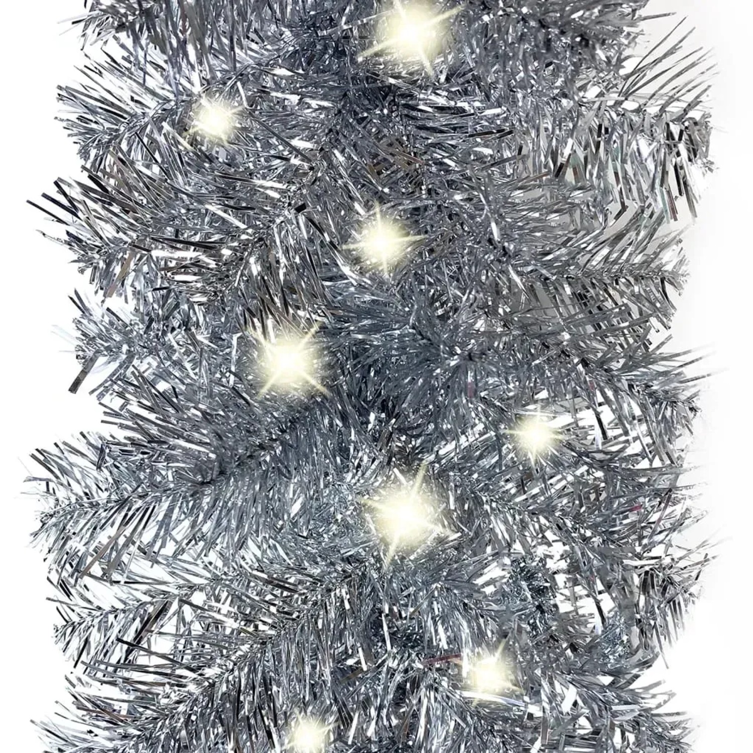 Silberne 20m LED Weihnachtsgirlande aus PVC mit warmweißen Lichtern. Festliche Dekoration für Ihr Zuhause.