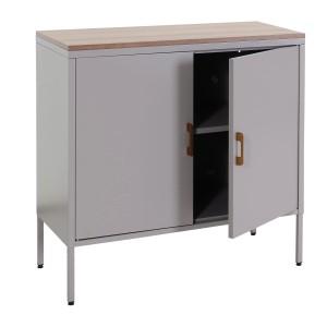 Graue MCW Kommode L84-2 mit zwei Türen und Holzplatte. Schubladenkommode mit Metallgestell.