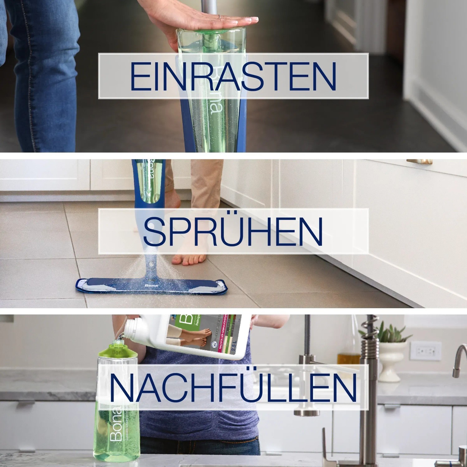 Bona Reiniger Kartusche für Stein-, Fliesen- und Laminatböden im Einsatz: Einrasten, Sprühen, Nachfüllen.
