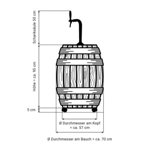 Skizze: Ich-Zapfe Barrique Zapfanlage, mobile Bierbar mit Maßen. Fass-Design mit Zapfhahn.