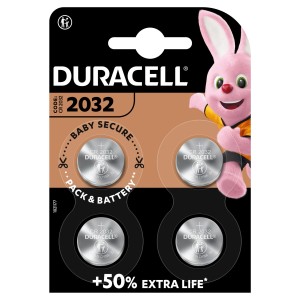 Duracell CR2032 Lithium Knopfzellen 4er-Pack, kindersicher verpackt.