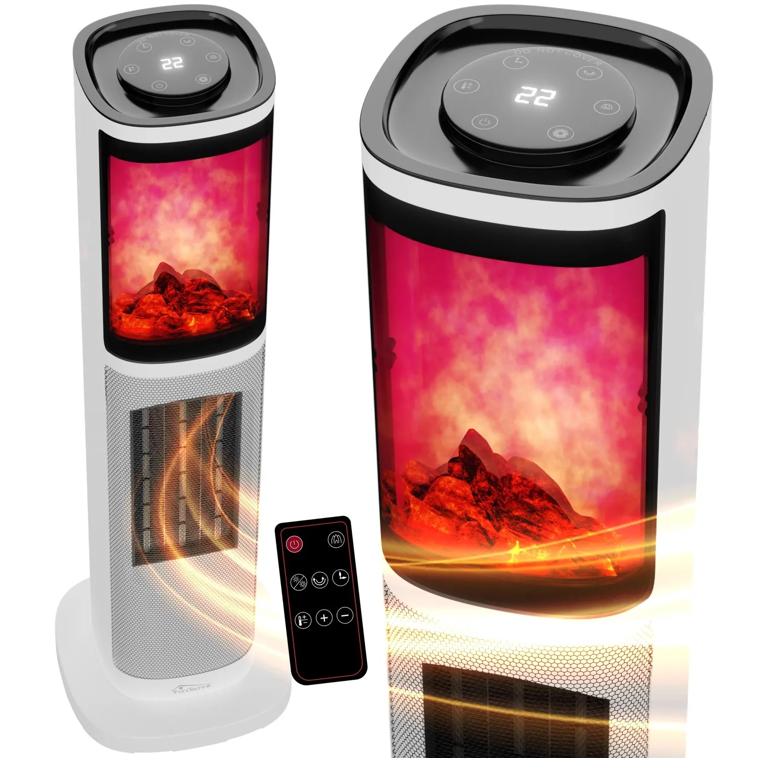 Weißer TroniTechnik Turmheizer mit Flammeneffekt, Keramik, 2000W, mit Fernbedienung.