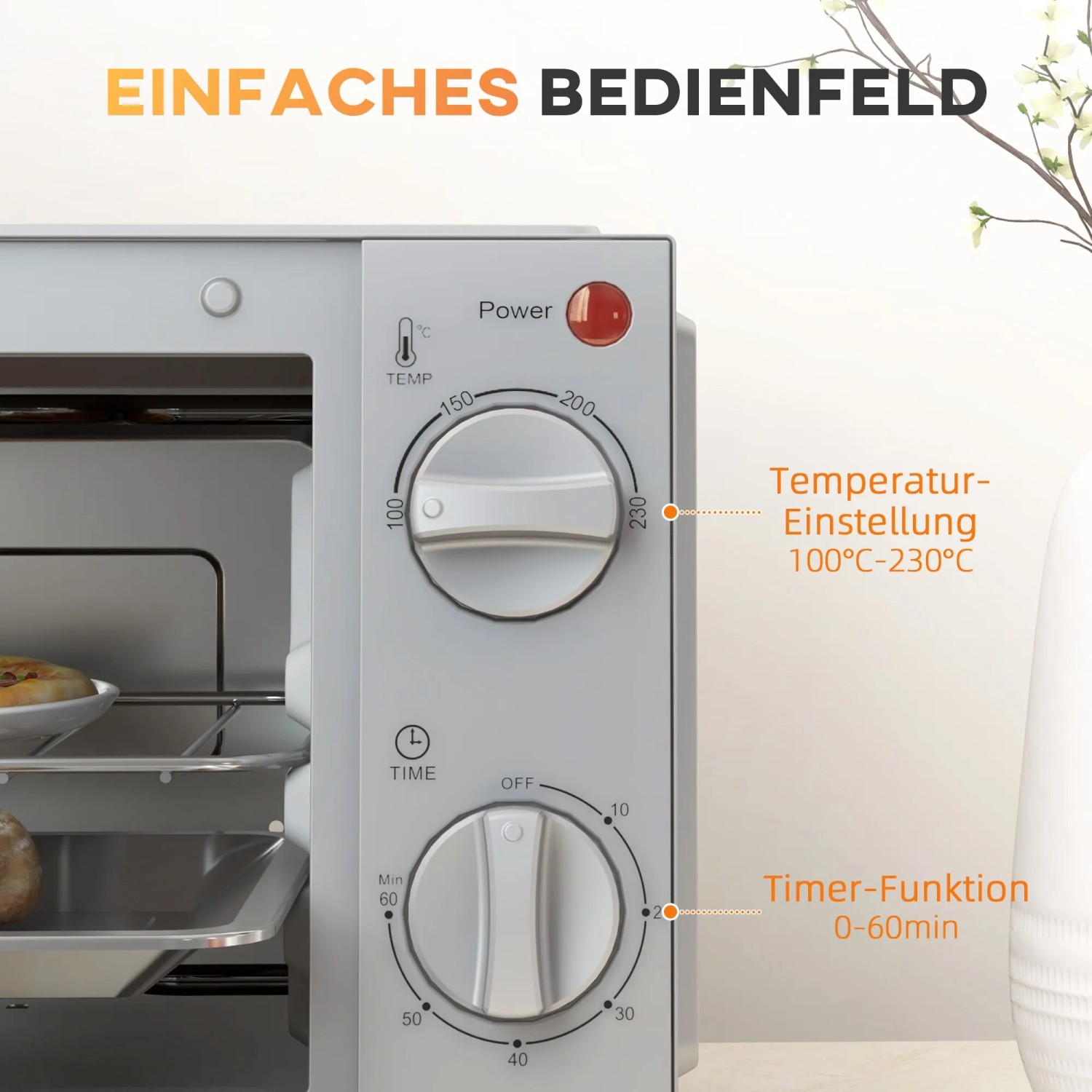 HOMCOM Minibackofen: Detailaufnahme des Bedienfelds mit Temperatur- und Timer-Einstellung.