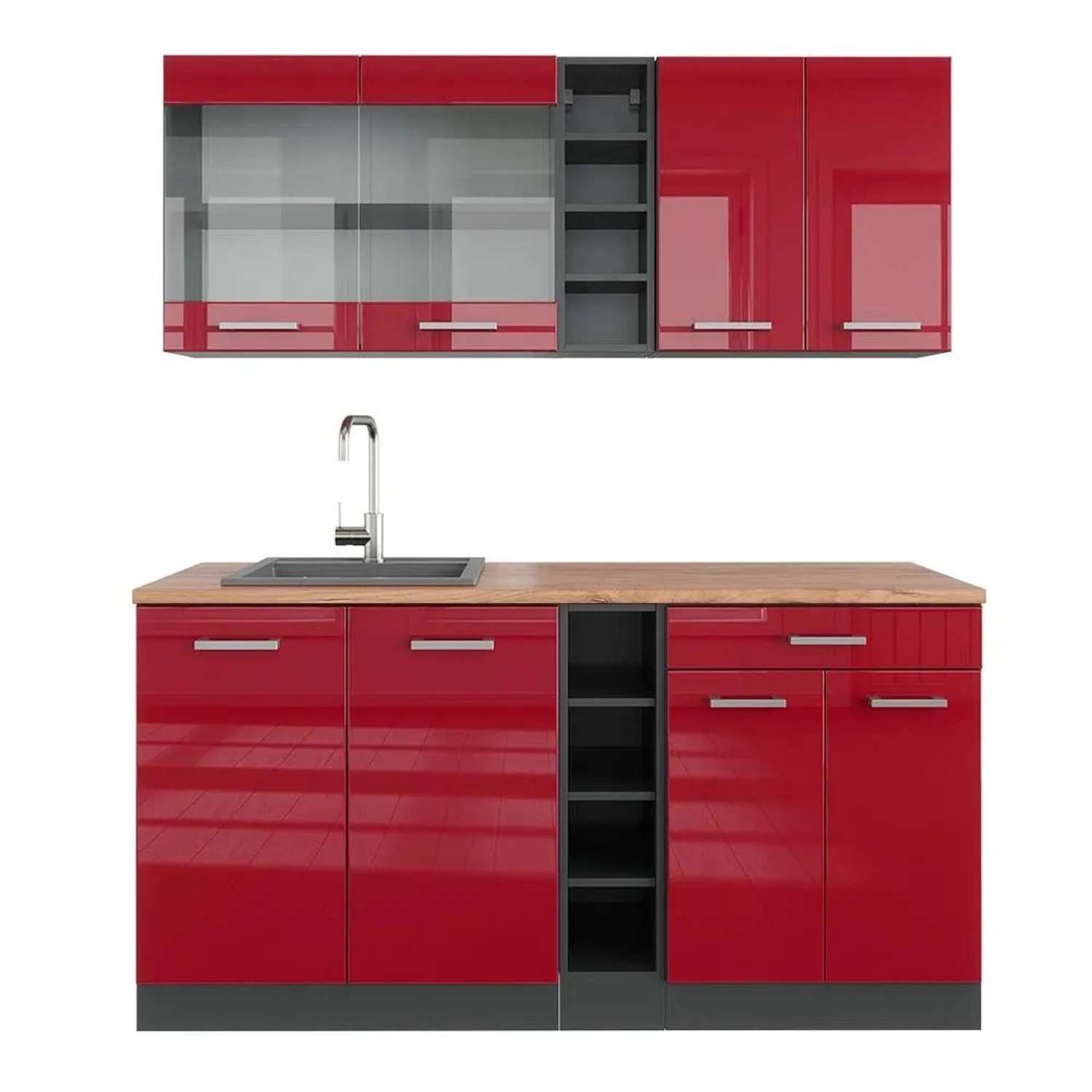 Vicco R-Line Singleküche Bordeaux Hochglanz Anthrazit 160 cm AP Eiche ohne E-Geräte
