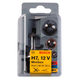 Bosch GLL Mini H7 Box mit Halogenlampe, Kugellampe, Anzeigenlampe und Stecksicherungen im Set.